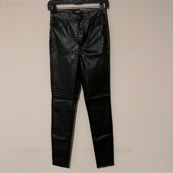 Tall Stassie X Missguided Croc Print Faux Black Leather Trousers - Picture 2 of 16